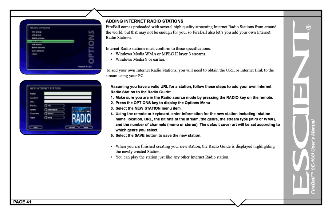 Escient SE-160i user manual Adding Internet Radio Stations, Page 
