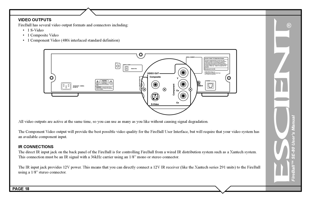 Escient SE-80 user manual Video Outputs 