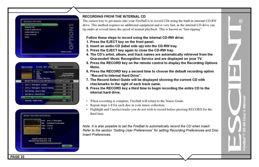 Escient SE-80 user manual Recording from the Internal CD 