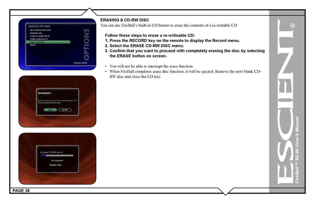 Escient SE-80 user manual Erasing a CD-RW Disc 