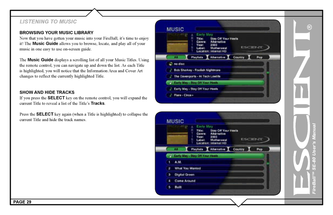 Escient SE-80 user manual Browsing Your Music Library, Show and Hide Tracks 