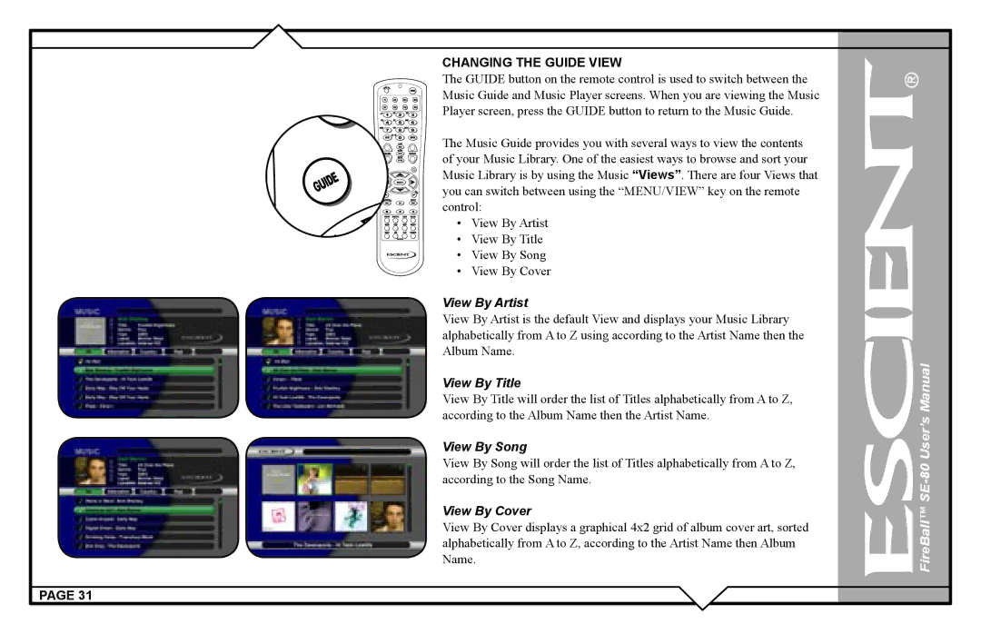 Escient SE-80 user manual Changing the Guide View, View By Artist 