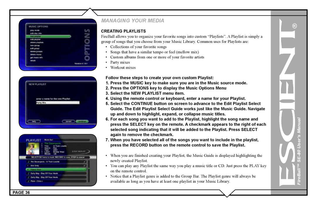 Escient SE-80 user manual Creating Playlists 