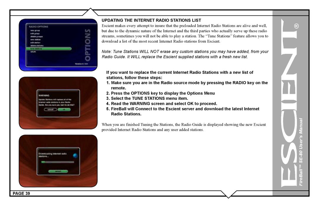 Escient SE-80 user manual Updating the Internet Radio Stations List 