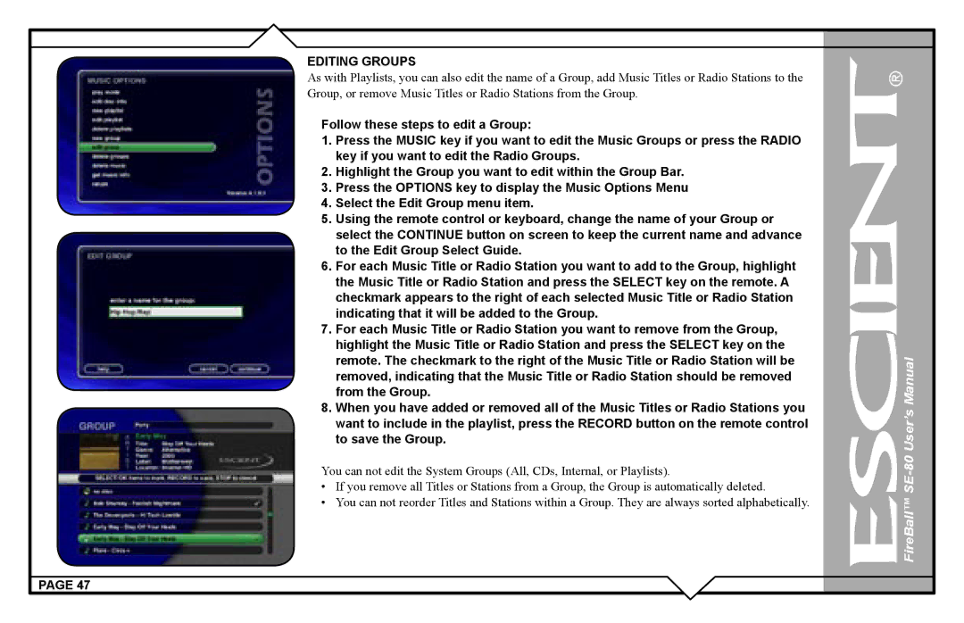 Escient SE-80 user manual Editing Groups 