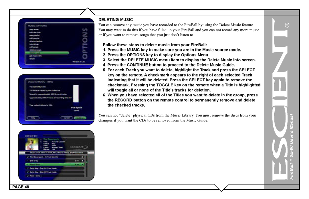 Escient SE-80 user manual Deleting Music 