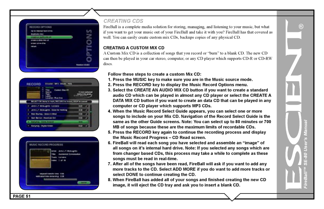 Escient SE-80 user manual Creating a Custom MIX CD 