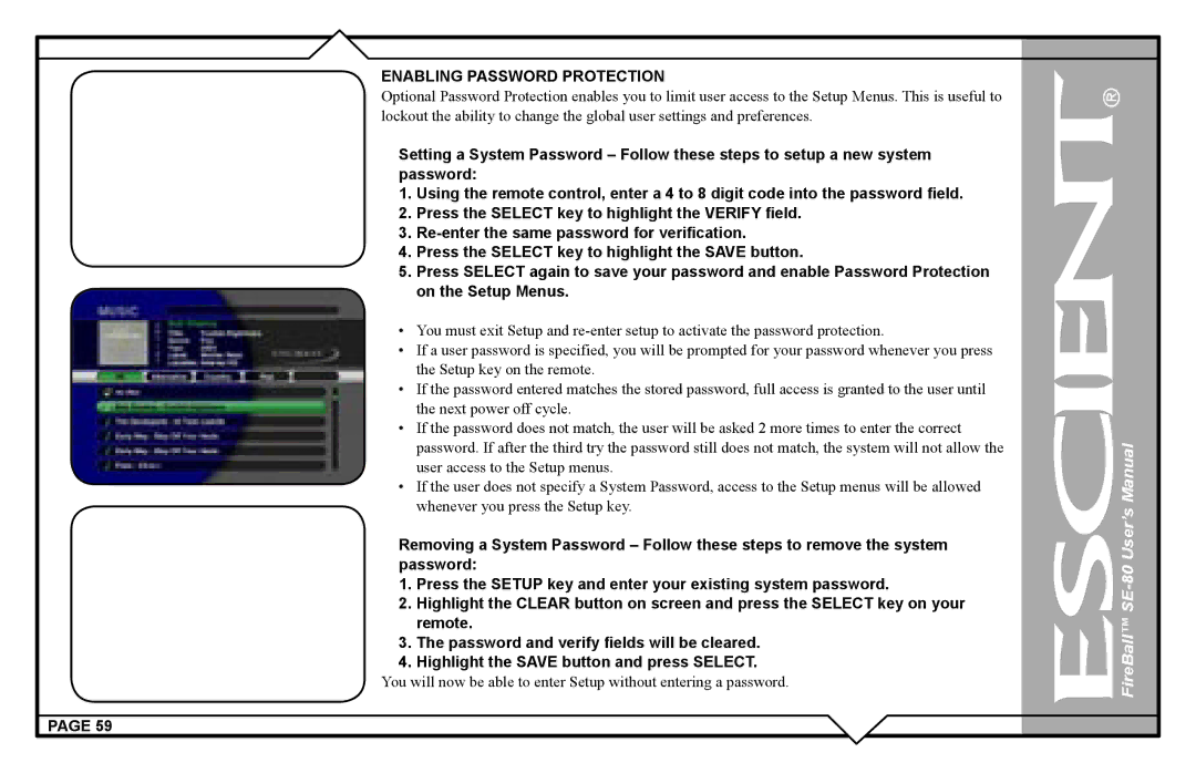 Escient SE-80 user manual Enabling Password Protection 