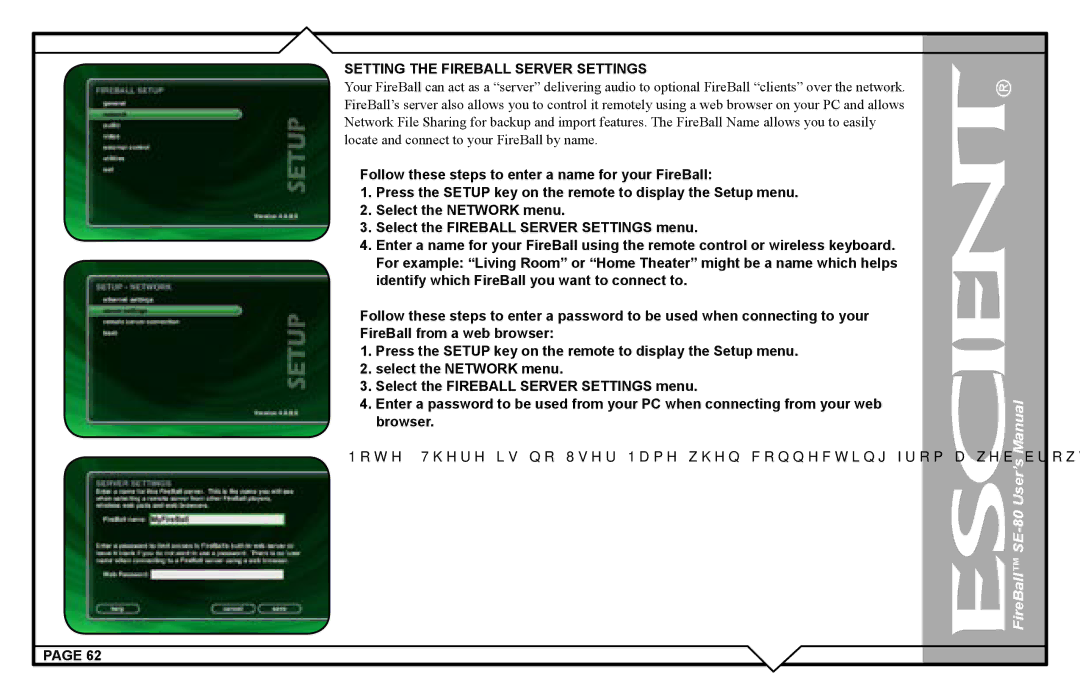 Escient SE-80 user manual Setting the Fireball Server Settings 