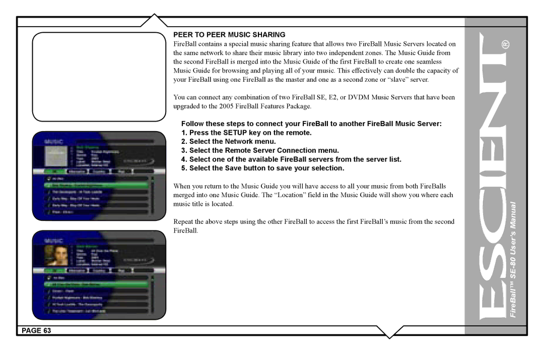 Escient SE-80 user manual Peer to Peer Music Sharing 