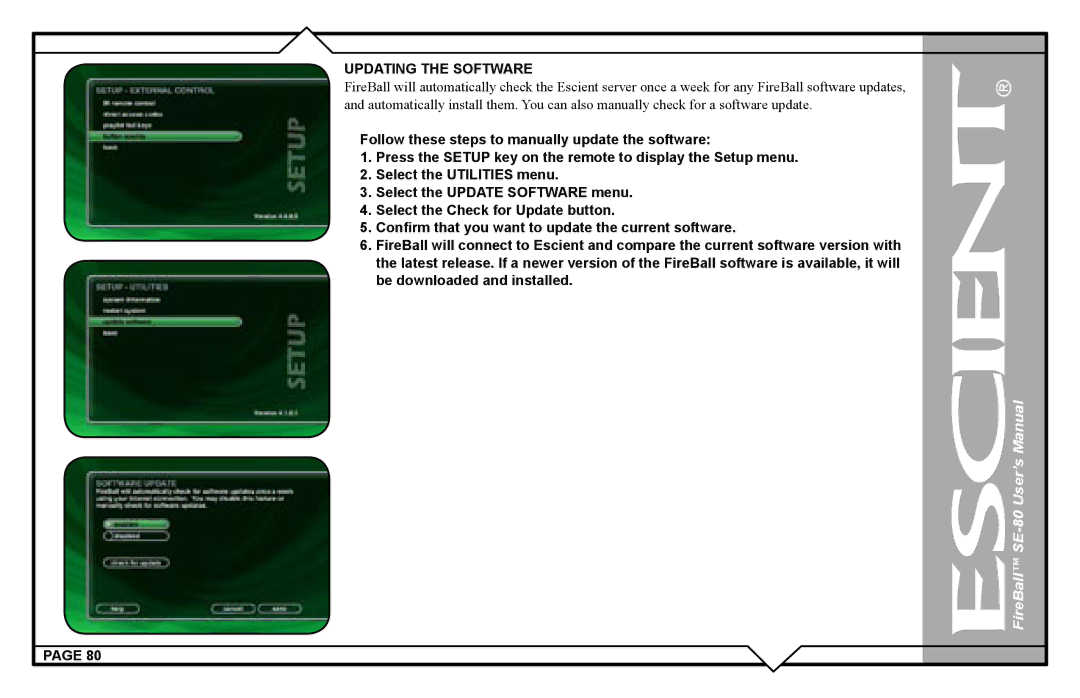 Escient SE-80 user manual Updating the Software 