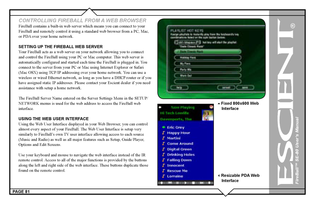 Escient SE-80 user manual Setting UP the Fireball WEB Server, Using the WEB User Interface 