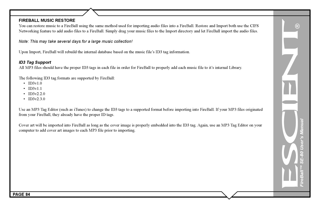 Escient SE-80 user manual ID3 Tag Support 