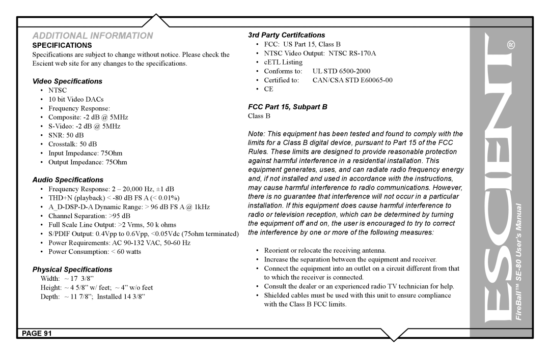 Escient SE-80 user manual Video Specifications, Ntsc 