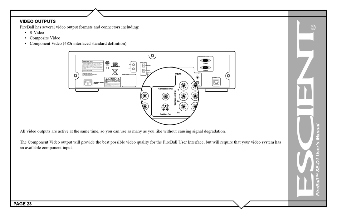 Escient SE-D1 user manual Video Outputs 