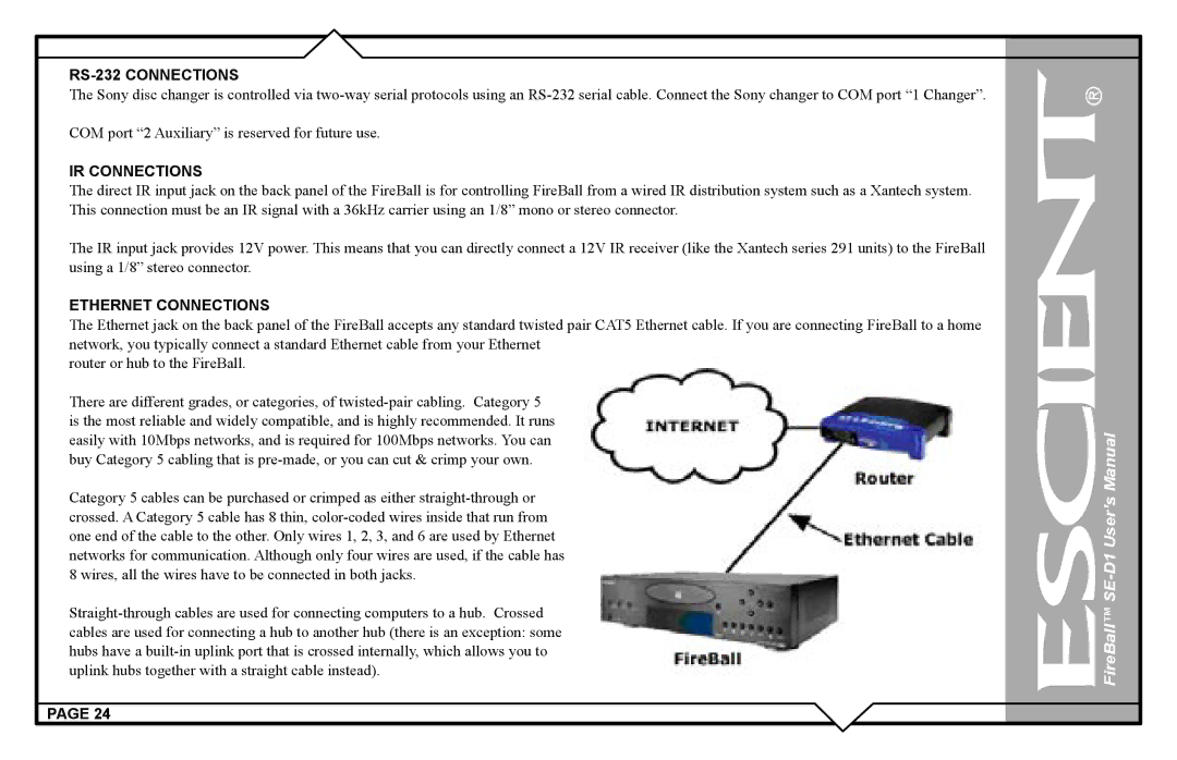 Escient SE-D1 user manual RS-232 Connections, IR Connections 