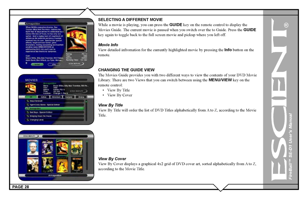 Escient SE-D1 user manual Selecting a Different Movie, Movie Info, Changing the Guide View 