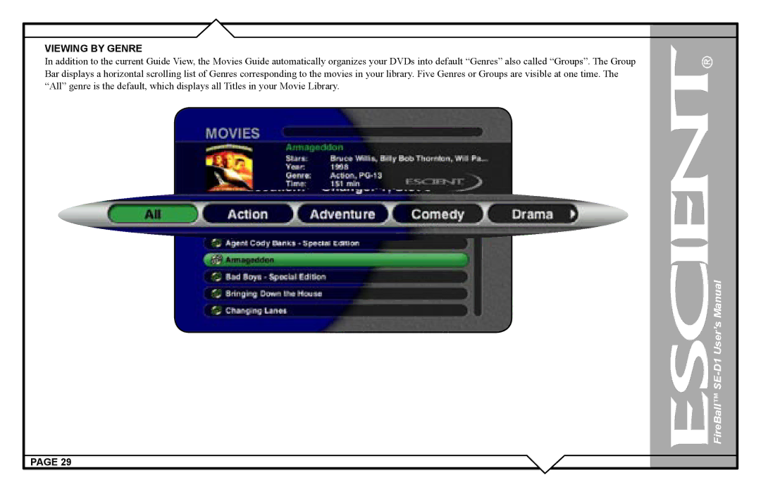 Escient SE-D1 user manual Viewing by Genre 