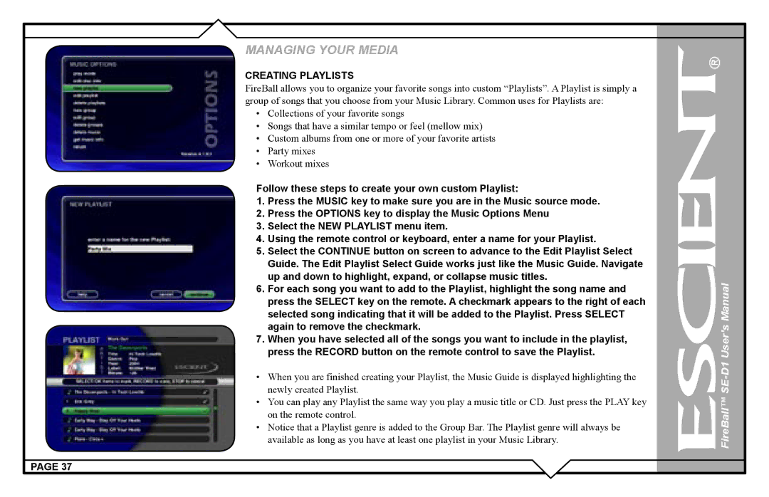 Escient SE-D1 user manual Creating Playlists 