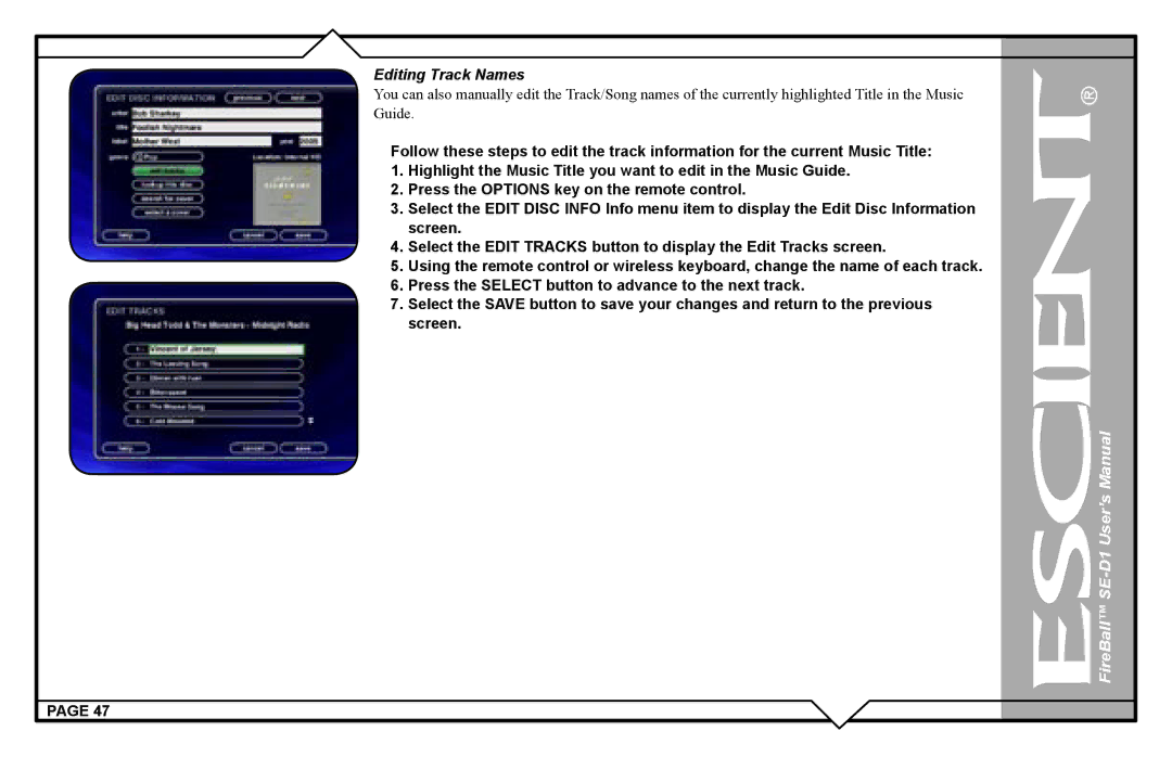 Escient SE-D1 user manual Editing Track Names 