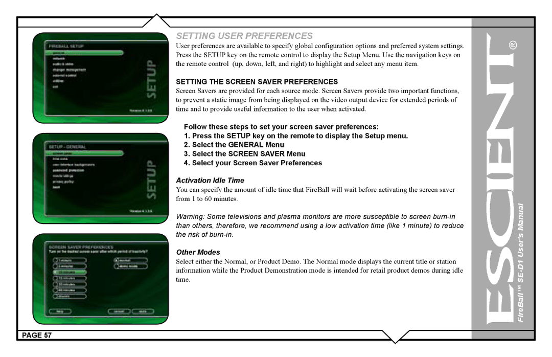 Escient SE-D1 user manual Setting the Screen Saver Preferences, Activation Idle Time 