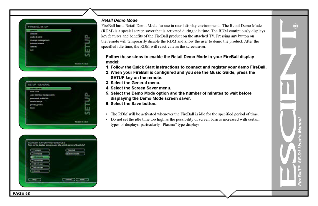 Escient SE-D1 user manual Retail Demo Mode 