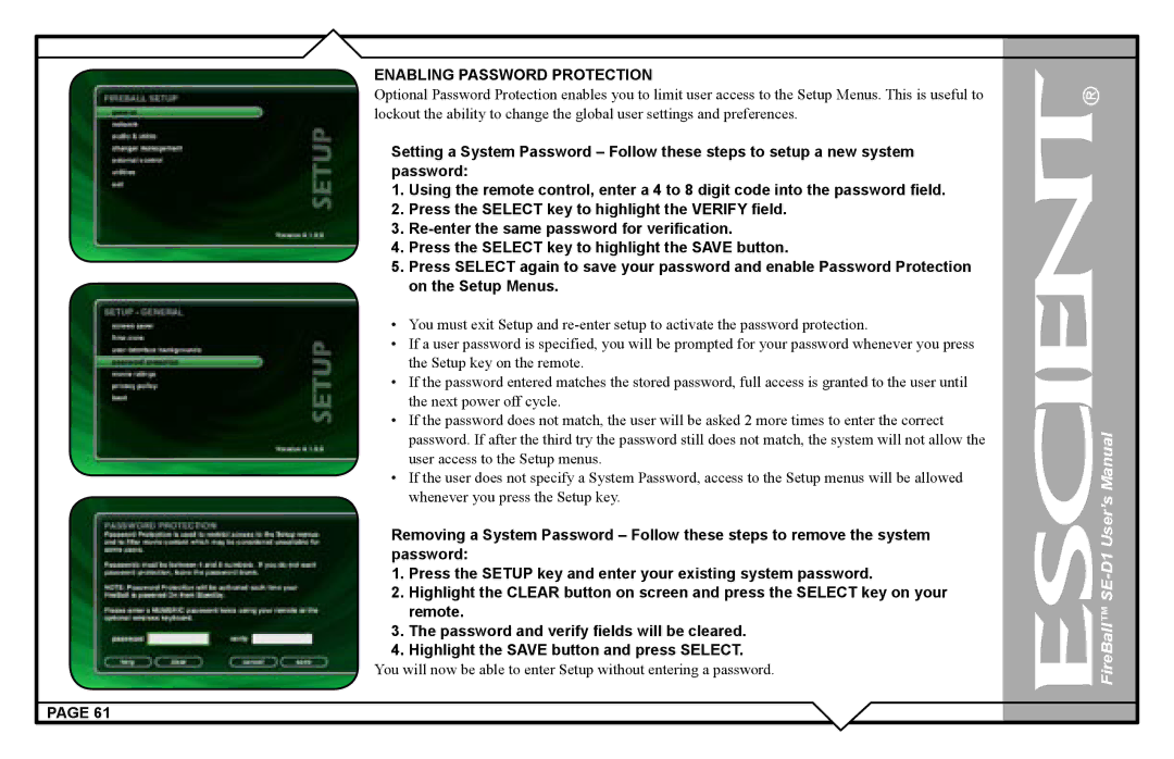 Escient SE-D1 user manual Enabling Password Protection 