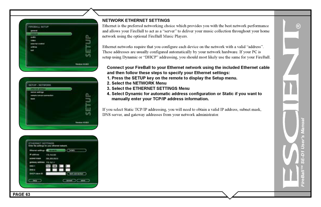 Escient SE-D1 user manual Network Ethernet Settings 