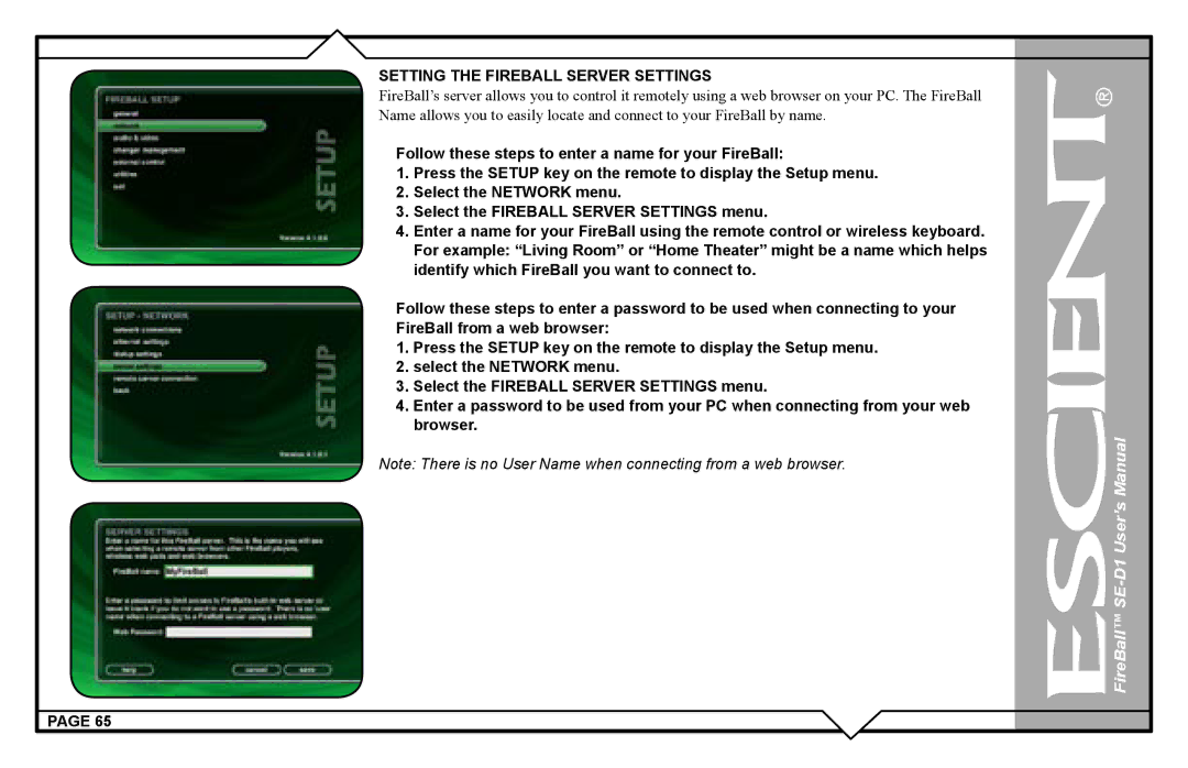 Escient SE-D1 user manual Setting the Fireball Server Settings 