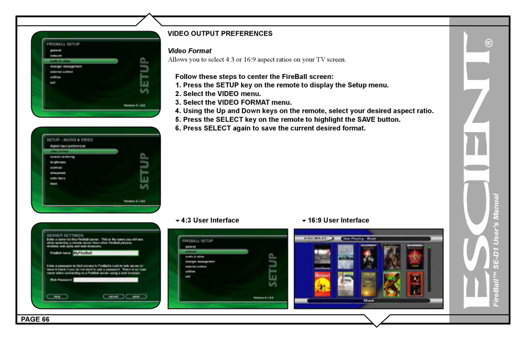 Escient SE-D1 user manual Video Output Preferences, Video Format 