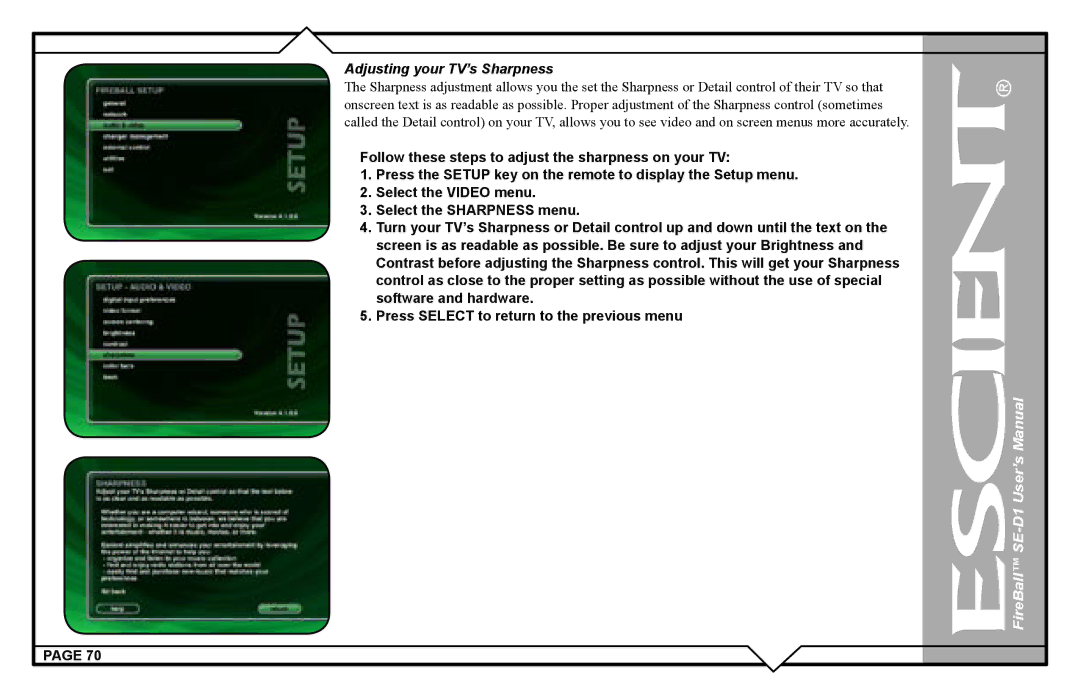 Escient SE-D1 user manual Adjusting your TV’s Sharpness 