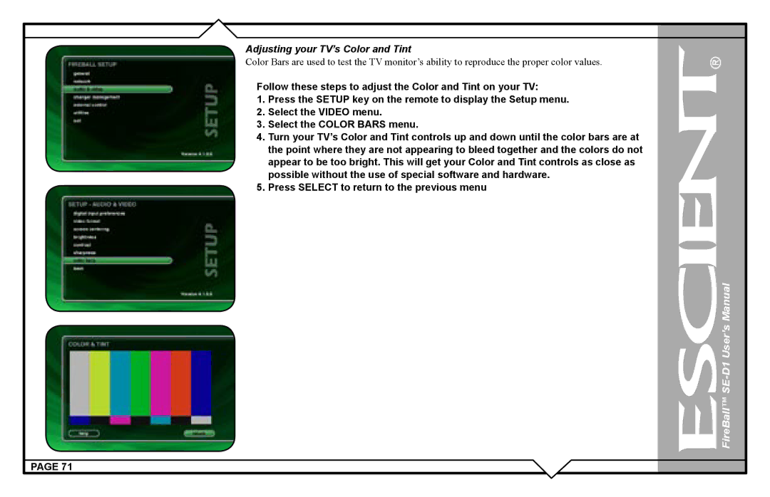 Escient SE-D1 user manual Adjusting your TV’s Color and Tint 