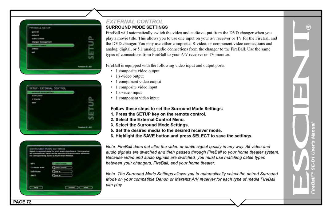 Escient SE-D1 user manual Surround Mode Settings 