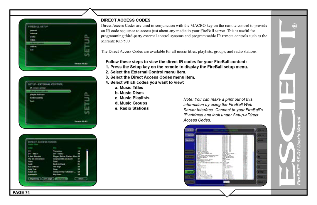 Escient SE-D1 user manual Direct Access Codes 