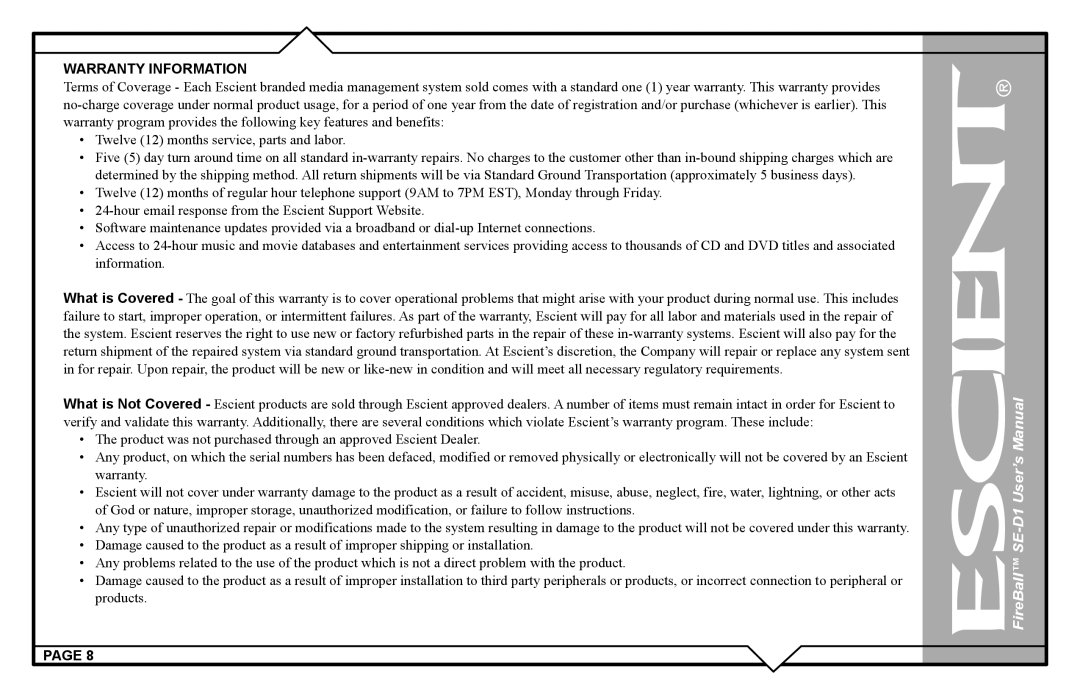 Escient SE-D1 user manual Warranty Information 