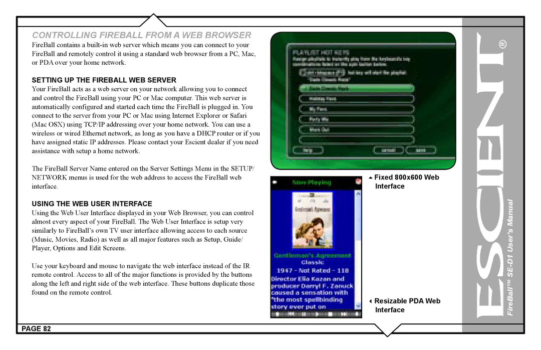 Escient SE-D1 user manual Setting UP the Fireball WEB Server, Using the WEB User Interface 