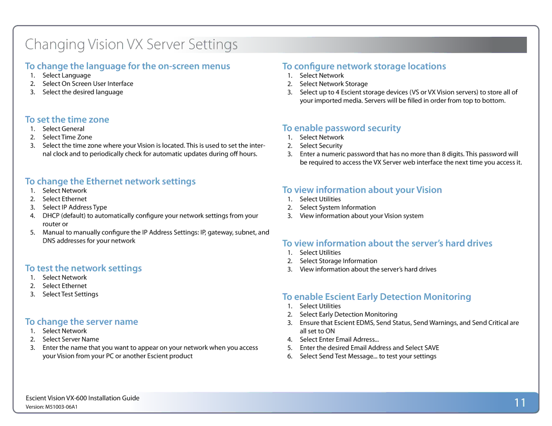 Escient Changing Vision VX Server Settings, To set the time zone, To view information about the server’s hard drives 