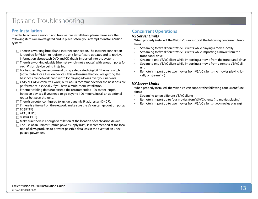 Escient manual Tips and Troubleshooting, VS Server Limits, VX Server Limits 