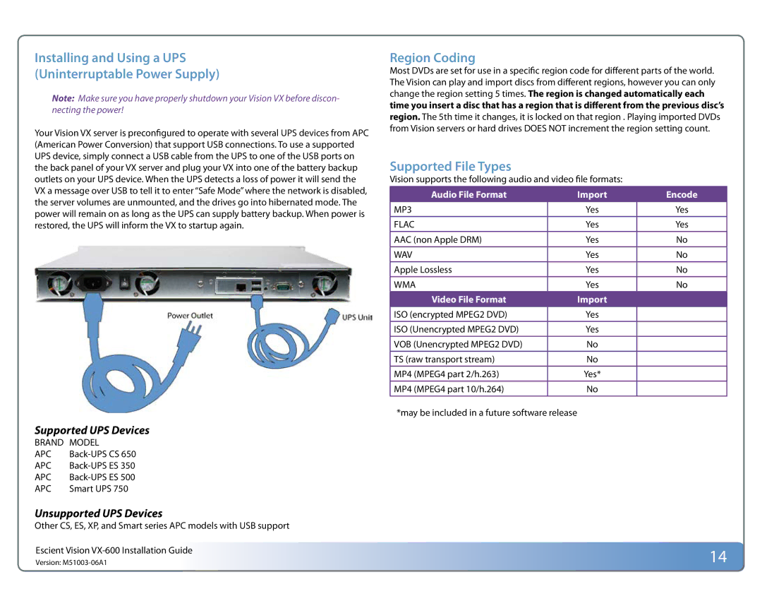 Escient VX manual Installing and Using a UPS Uninterruptable Power Supply, Region Coding, Supported UPS Devices 