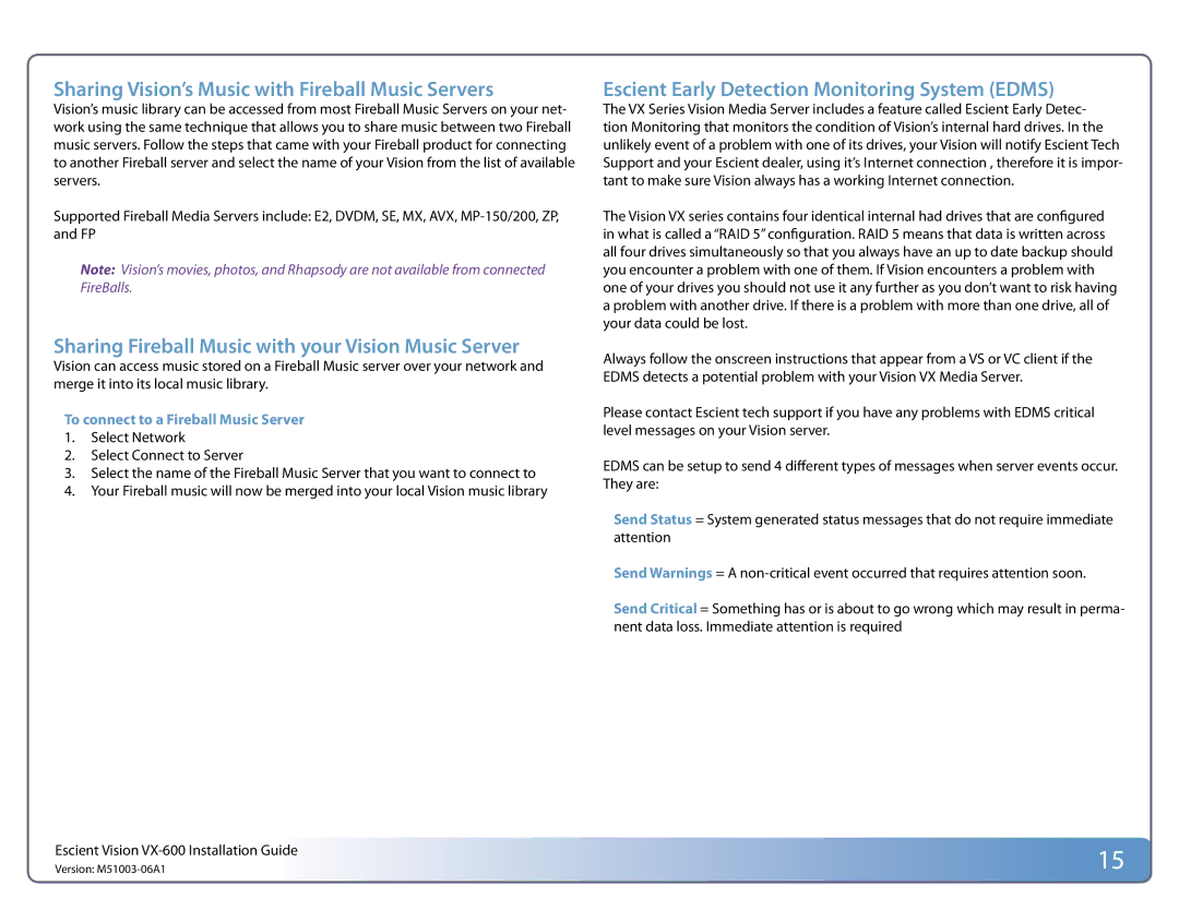 Escient VX manual Sharing Vision’s Music with Fireball Music Servers, Sharing Fireball Music with your Vision Music Server 
