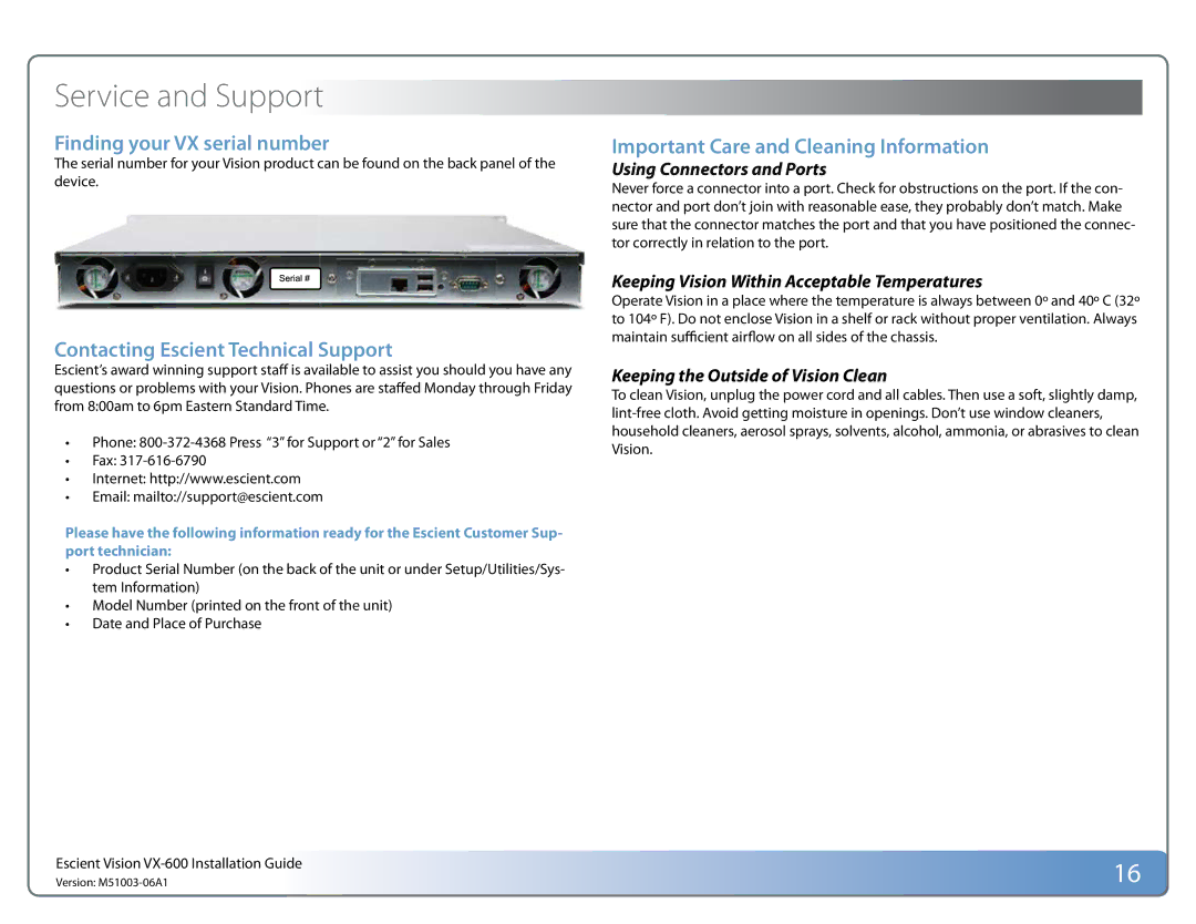 Escient VX manual Service and Support, Contacting Escient Technical Support, Using Connectors and Ports 