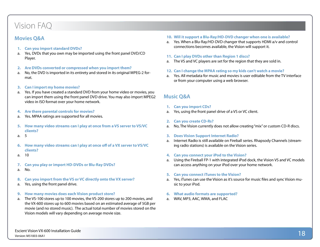 Escient VX manual Vision FAQ, Movies Q&A 