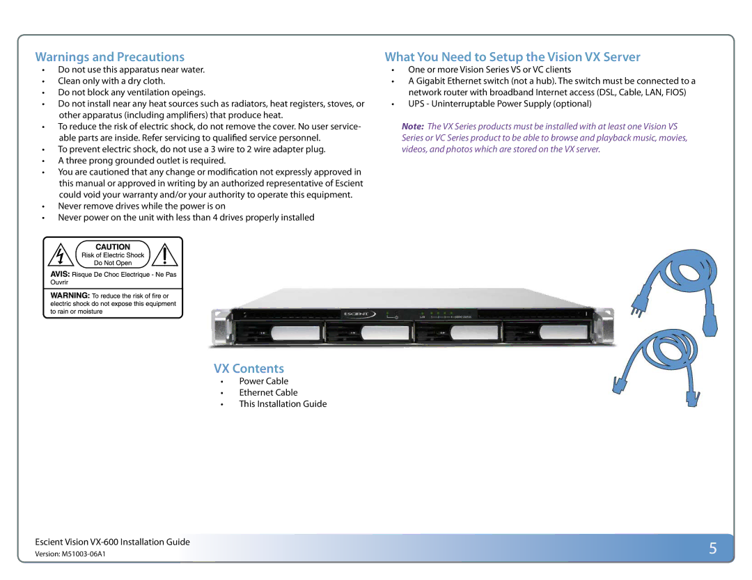 Escient manual What You Need to Setup the Vision VX Server, VX Contents 