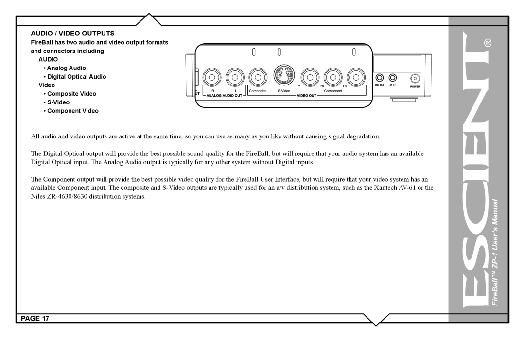 Escient ZP-'1 user manual Audio / Video Outputs 