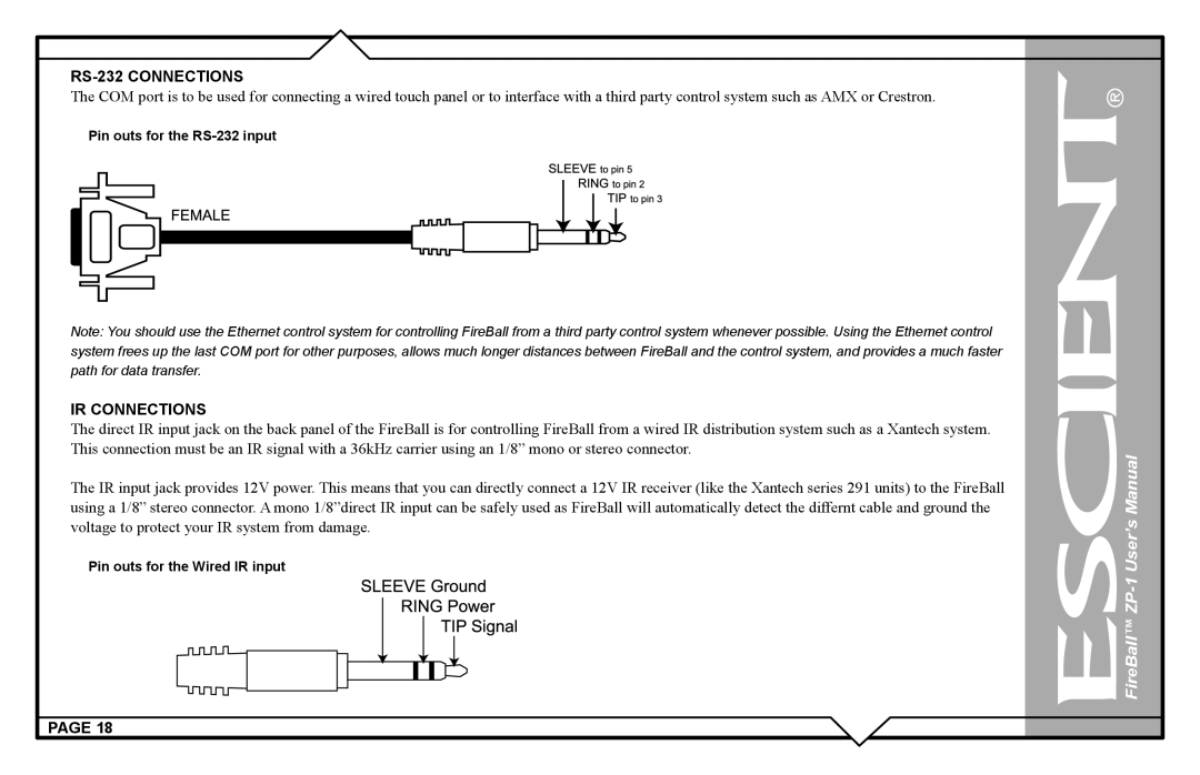 Escient ZP-'1 user manual Pin outs for the RS-232 input 