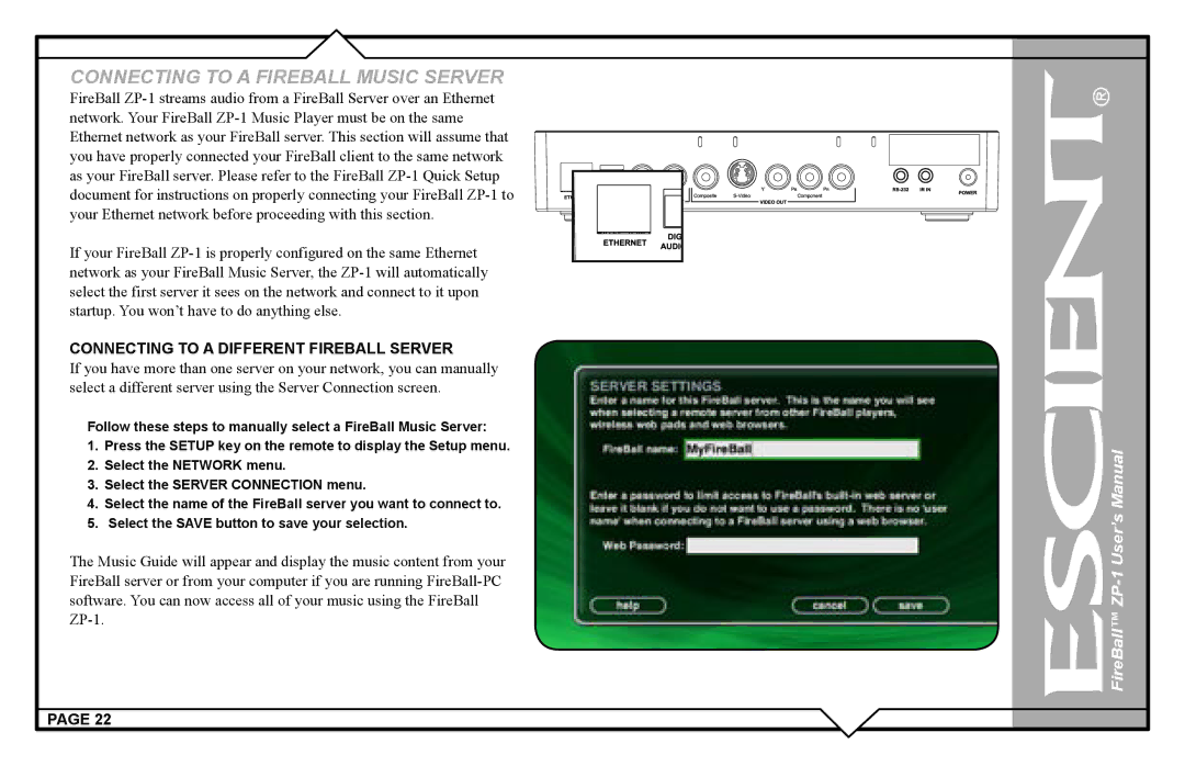 Escient ZP-'1 user manual Connecting to a Different Fireball Server 