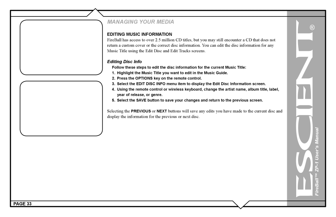 Escient ZP-'1 user manual Editing Music Information, Editing Disc Info 