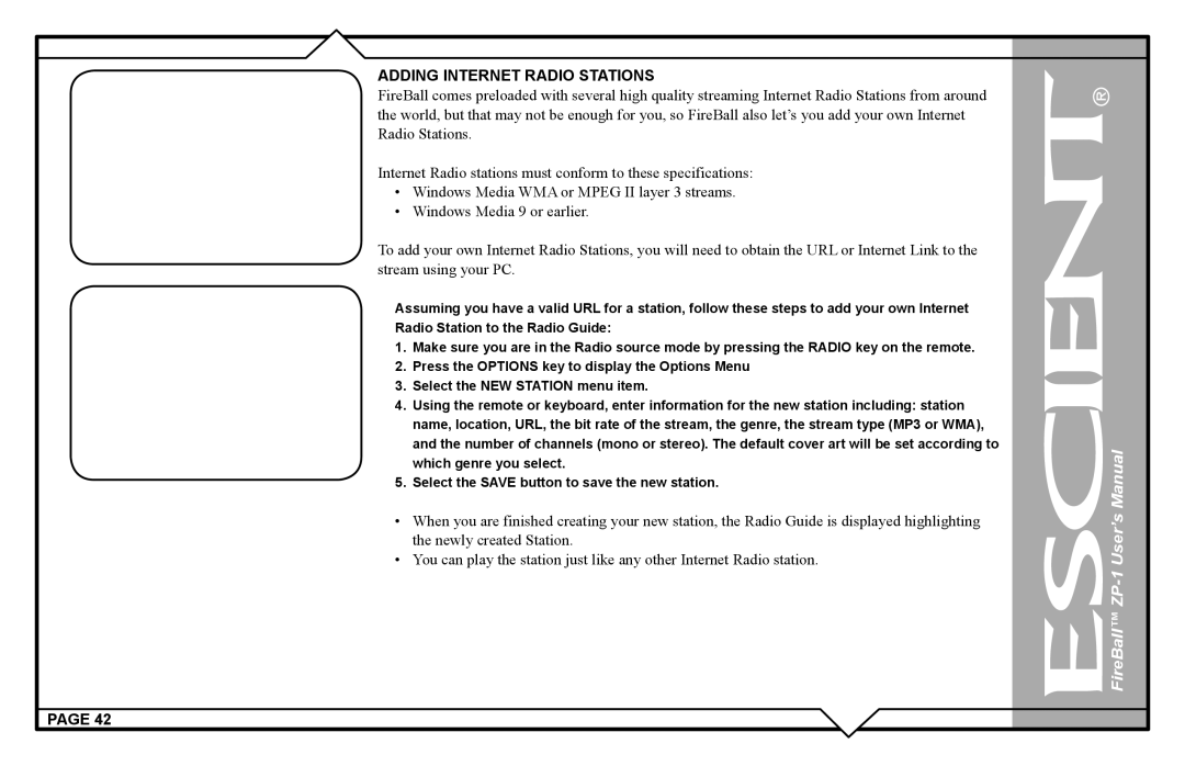 Escient ZP-'1 user manual Adding Internet Radio Stations 