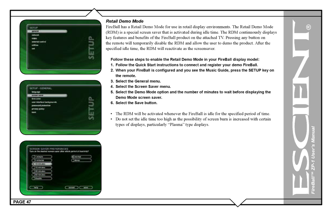 Escient ZP-'1 user manual Retail Demo Mode 