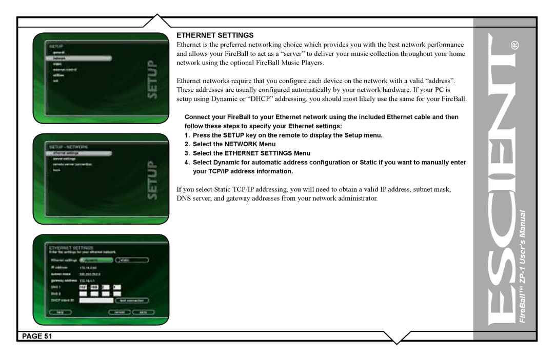 Escient ZP-'1 user manual Ethernet Settings 